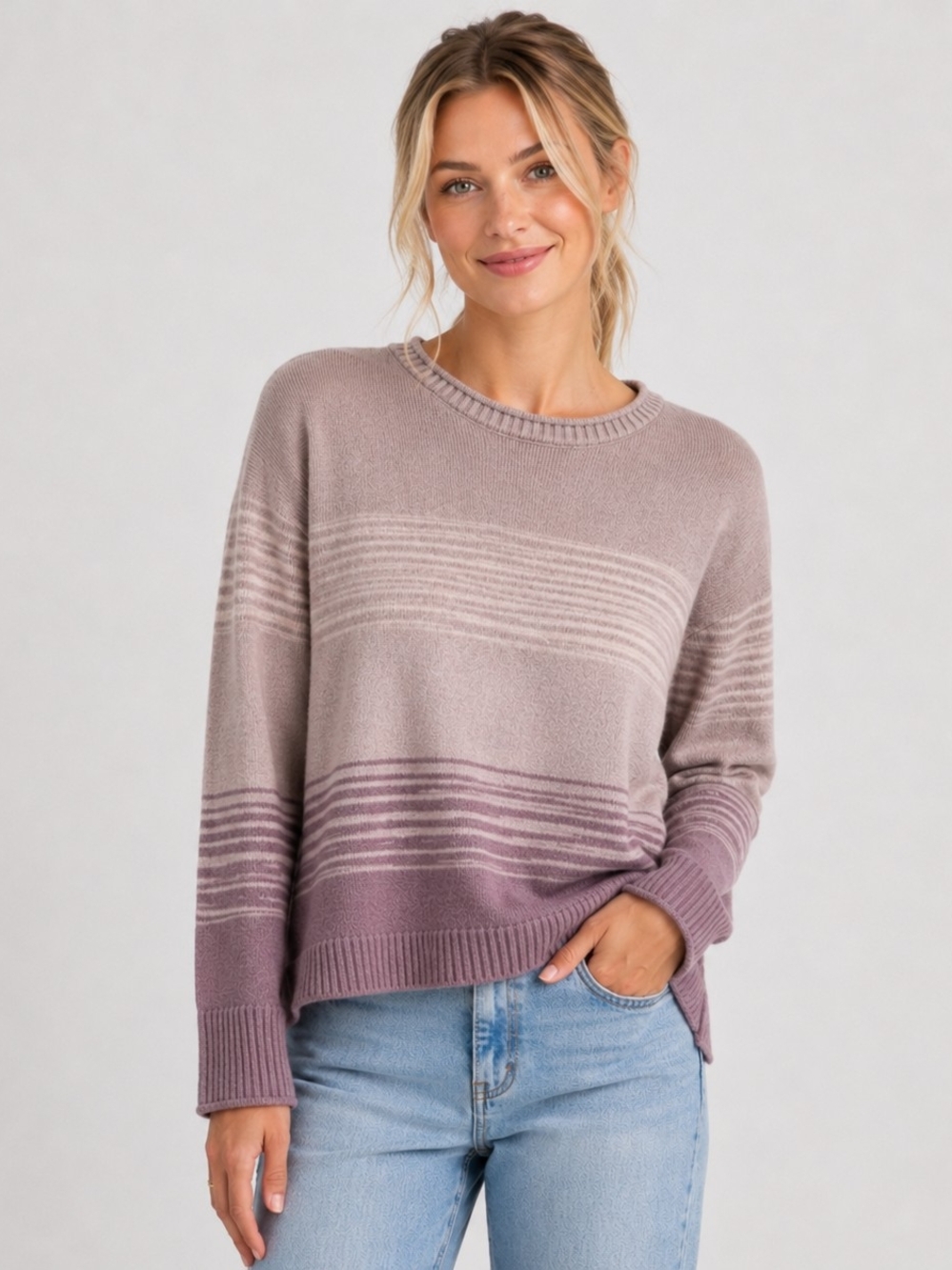 Ella Moss Ombre Striped Crewneck Sweater in Mauve and Dusty Rose